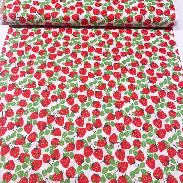 Allover Strawberry Print by Sevenberry Cotton Fabric, Imported from Japan, Red Strawberries on White
