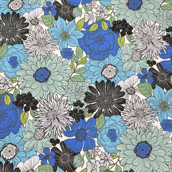 Art Flower Canvas Fabric in Blue Green Floral - Cotton Linen Blend by Cosmo Textile