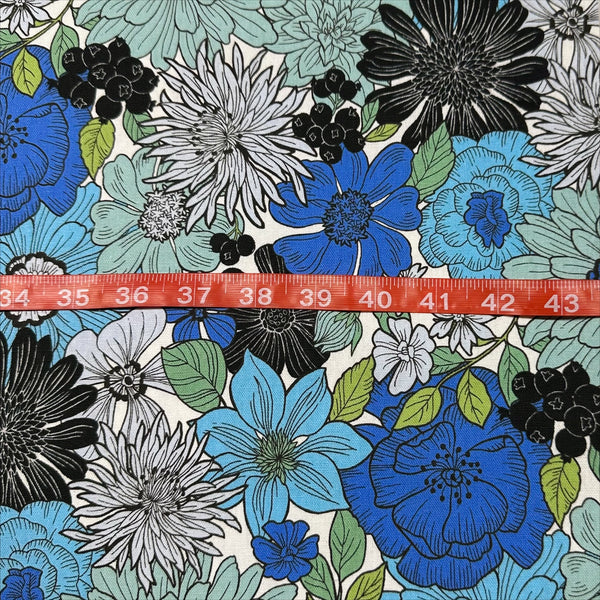 Art Flower Canvas Fabric in Blue Green Floral - Cotton Linen Blend by Cosmo Textile