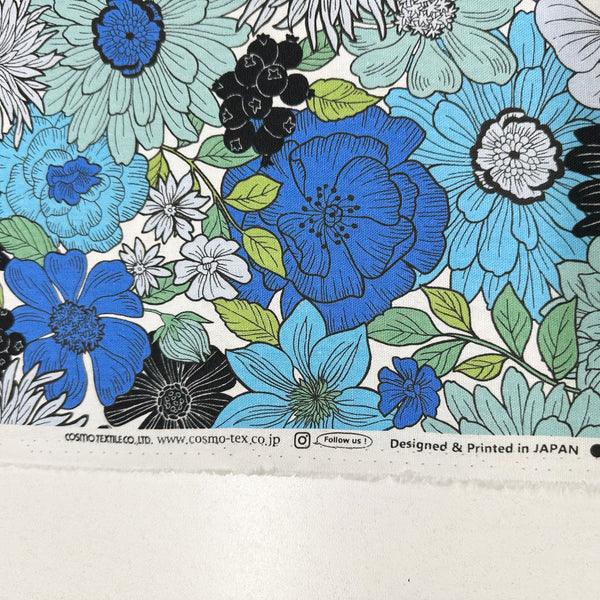 Art Flower Canvas Fabric in Blue Green Floral - Cotton Linen Blend by Cosmo Textile