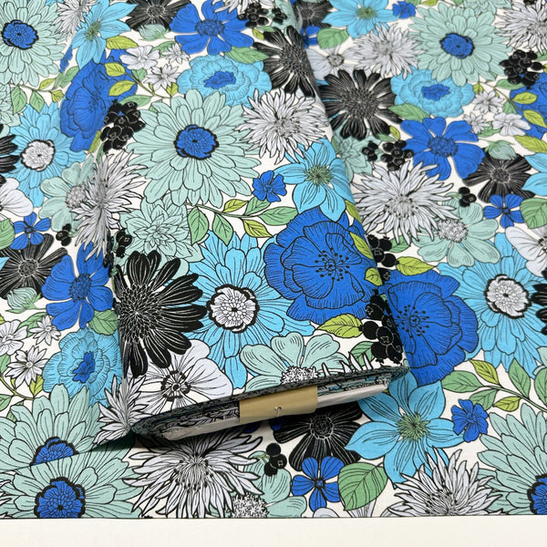 Art Flower Canvas Fabric in Blue Green Floral - Cotton Linen Blend by Cosmo Textile