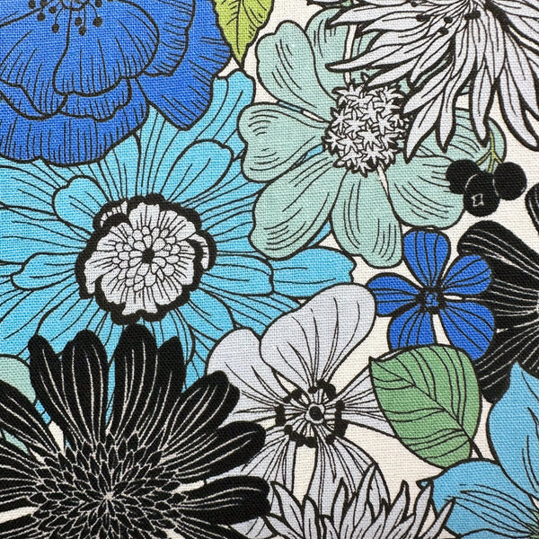 Art Flower Canvas Fabric in Blue Green Floral - Cotton Linen Blend by Cosmo Textile