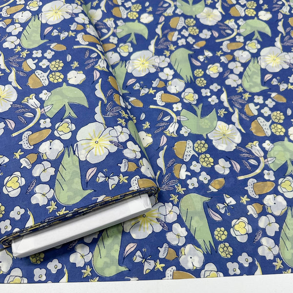 Birds, Acorns, and Flowers Cotton Lawn Fabric by Hokkoh, Blue, Imported from Japan