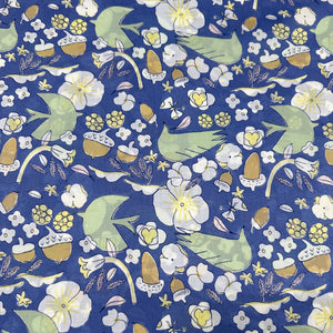 Birds, Acorns, and Flowers Cotton Lawn Fabric by Hokkoh, Blue, Imported from Japan