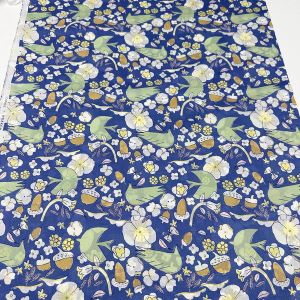 Birds, Acorns, and Flowers Cotton Lawn Fabric by Hokkoh, Blue, Imported from Japan