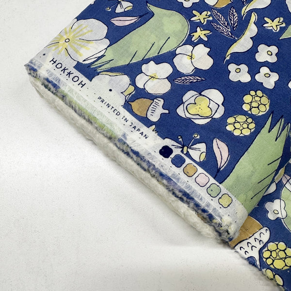 Birds, Acorns, and Flowers Cotton Lawn Fabric by Hokkoh, Blue, Imported from Japan