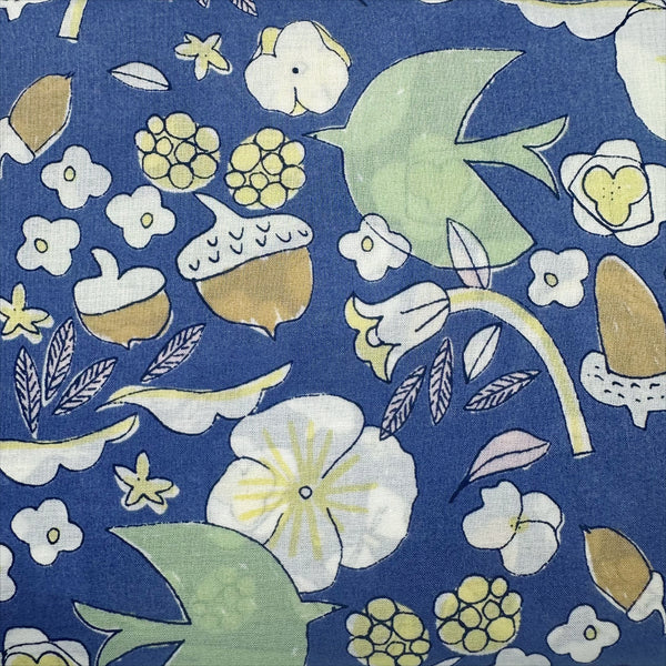 Birds, Acorns, and Flowers Cotton Lawn Fabric by Hokkoh, Blue, Imported from Japan