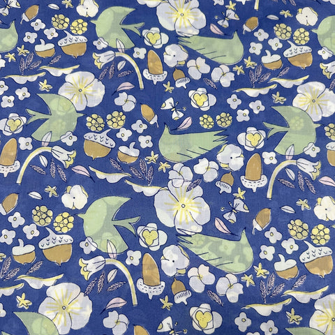 Birds, Acorns, and Flowers Cotton Lawn Fabric by Hokkoh, Blue, Imported from Japan
