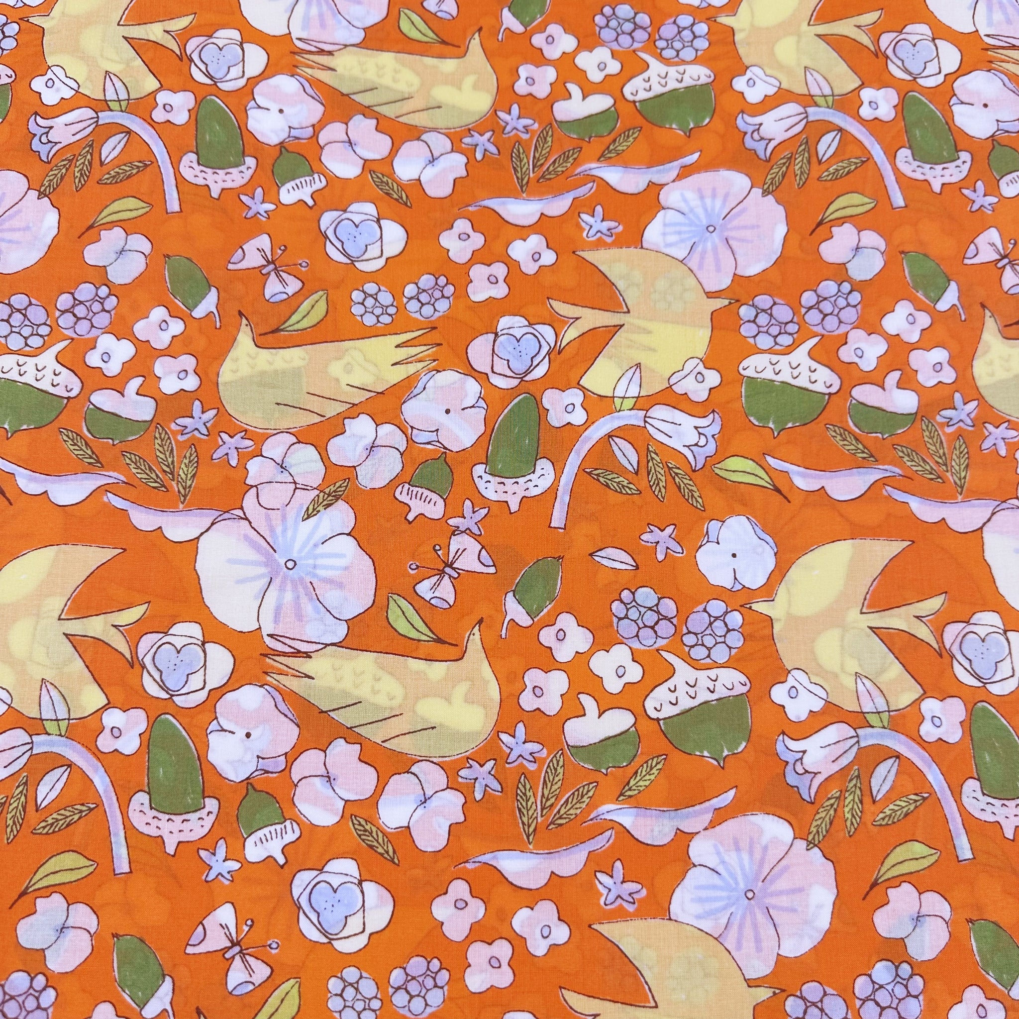 Birds, Acorns, and Flowers Cotton Lawn Fabric by Hokkoh, Orange, Imported from Japan