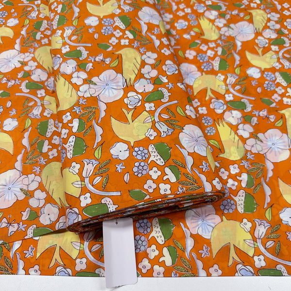 Birds, Acorns, and Flowers Cotton Lawn Fabric by Hokkoh, Orange, Imported from Japan