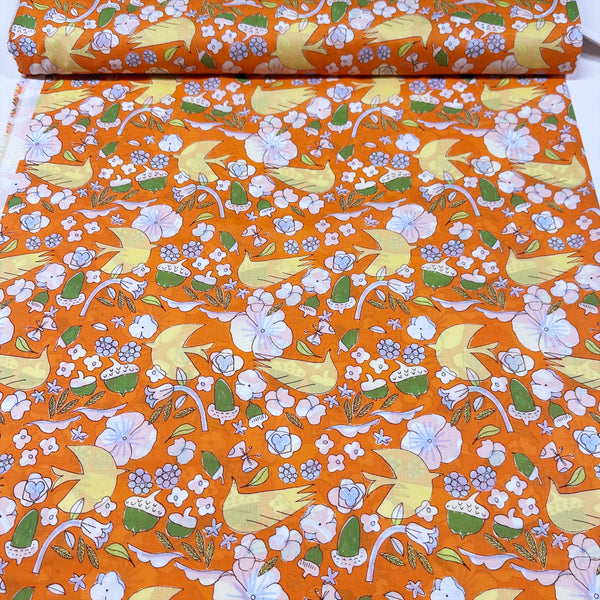 Birds, Acorns, and Flowers Cotton Lawn Fabric by Hokkoh, Orange, Imported from Japan