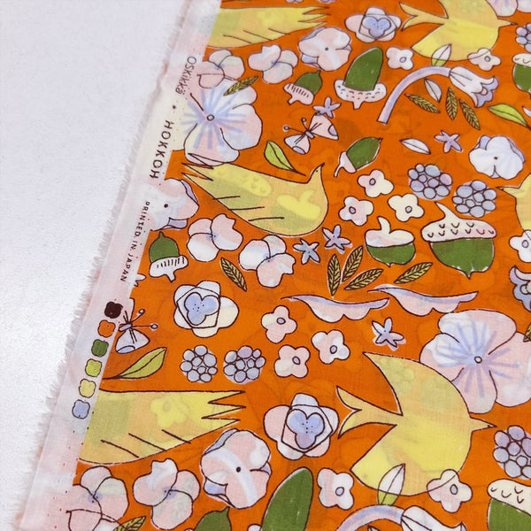 Birds, Acorns, and Flowers Cotton Lawn Fabric by Hokkoh, Orange, Imported from Japan