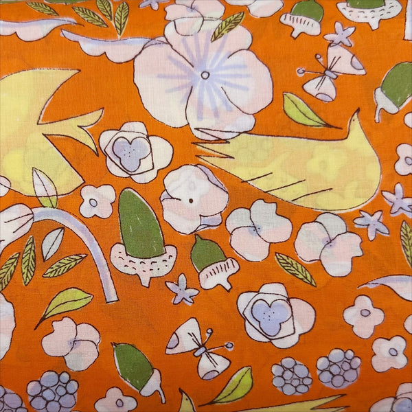 Birds, Acorns, and Flowers Cotton Lawn Fabric by Hokkoh, Orange, Imported from Japan