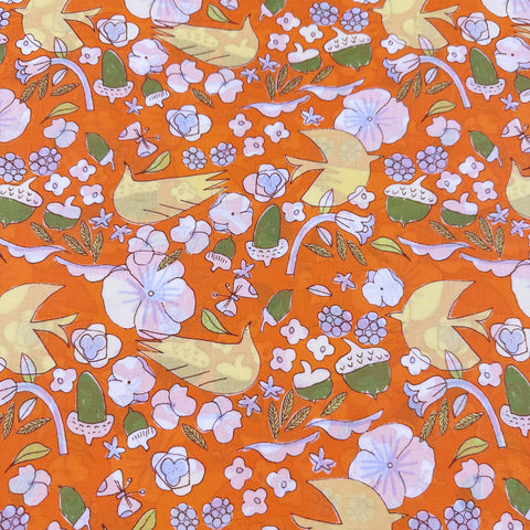 Birds, Acorns, and Flowers Cotton Lawn Fabric by Hokkoh, Orange, Imported from Japan