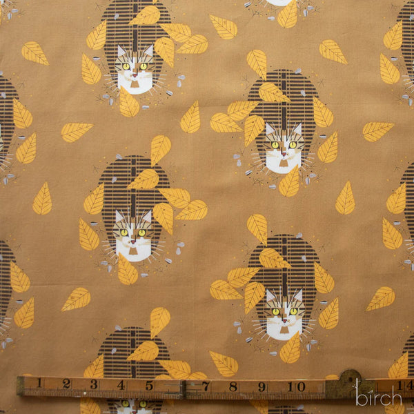 Scale of Birdwatcher organic cotton poplin fabric by Charley Harper for Birch Fabrics featuring a brown tabby cat among yellow leaves on a golden brown background.