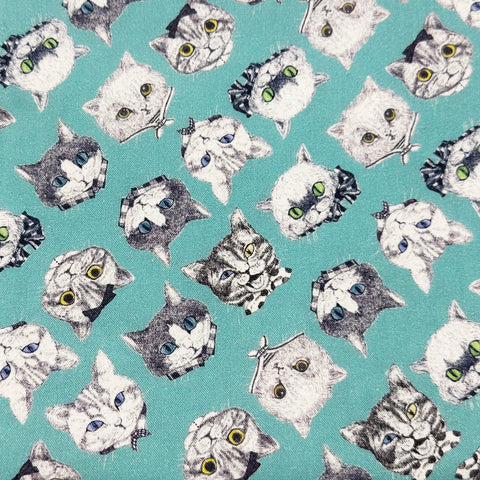 Cat Faces Cotton Fabric in Aqua by Illustrator Ringo, Imported from Japan