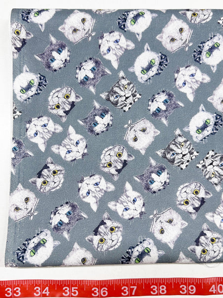 Cat Faces Cotton Fabric in Gray by Illustrator Ringo, Imported from Japan