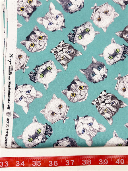 Cat Faces Cotton Oxford Fabric in Aqua by Illustrator Ringo, Imported from Japan