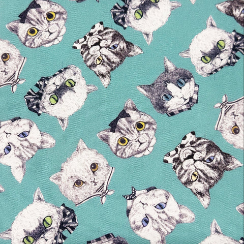 Cat Faces Cotton Oxford Fabric in Aqua by Illustrator Ringo, Imported from Japan