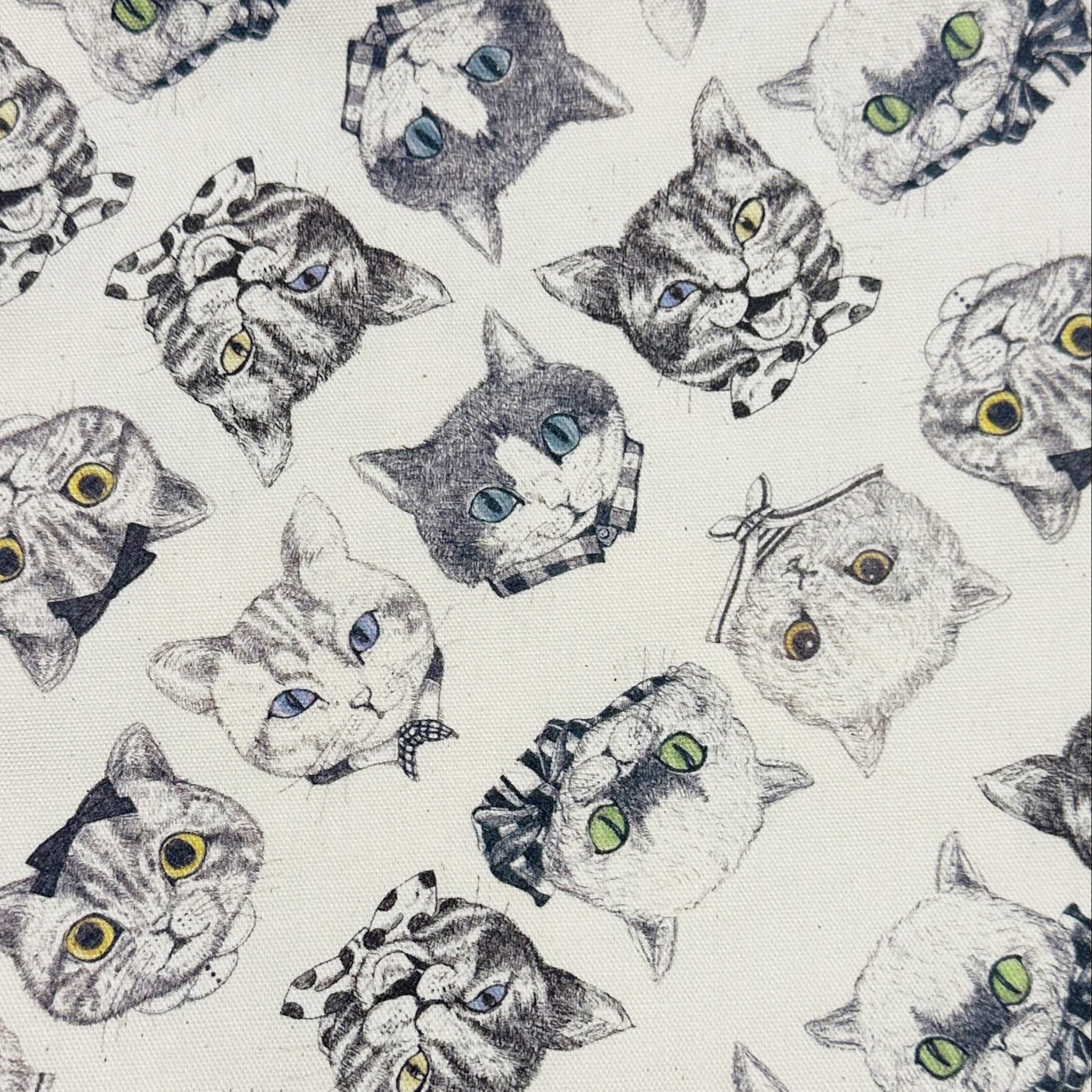 Cat Faces Cotton Oxford Fabric in Natural by Illustrator Ringo, Imported from Japan