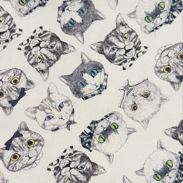 Cat Faces Cotton Oxford Fabric in Natural by Illustrator Ringo, Imported from Japan