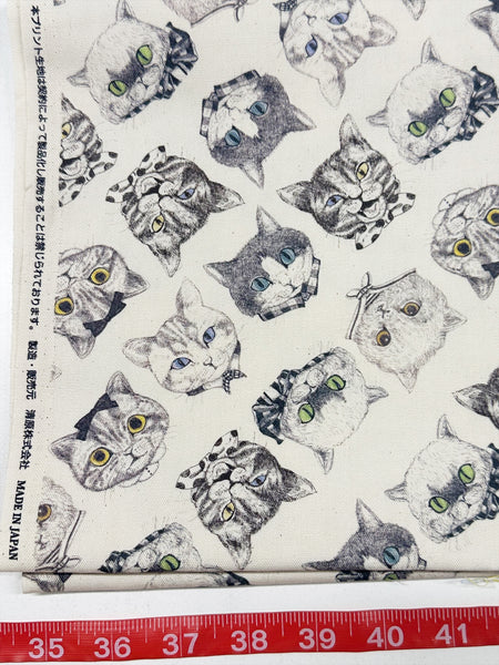 Cat Faces Cotton Oxford Fabric in Natural by Illustrator Ringo, Imported from Japan