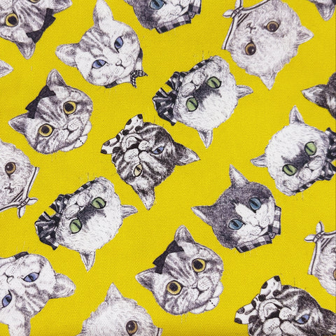Cat Faces Cotton Oxford Fabric in Yellow by Illustrator Ringo, Imported from Japan