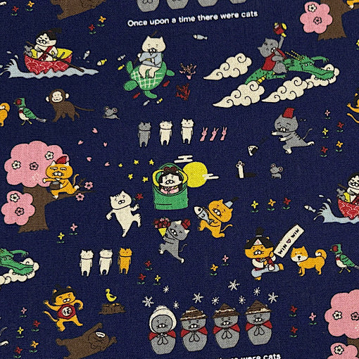 Fairy Tale Cat Theme Cotton Linen Canvas fabric in Navy by Cotton Kobyashi