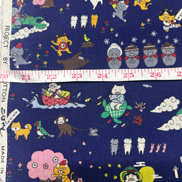 Scale of Fairy Tale Cat Theme Cotton Linen Canvas fabric in Navy by Cotton Kobyashi
