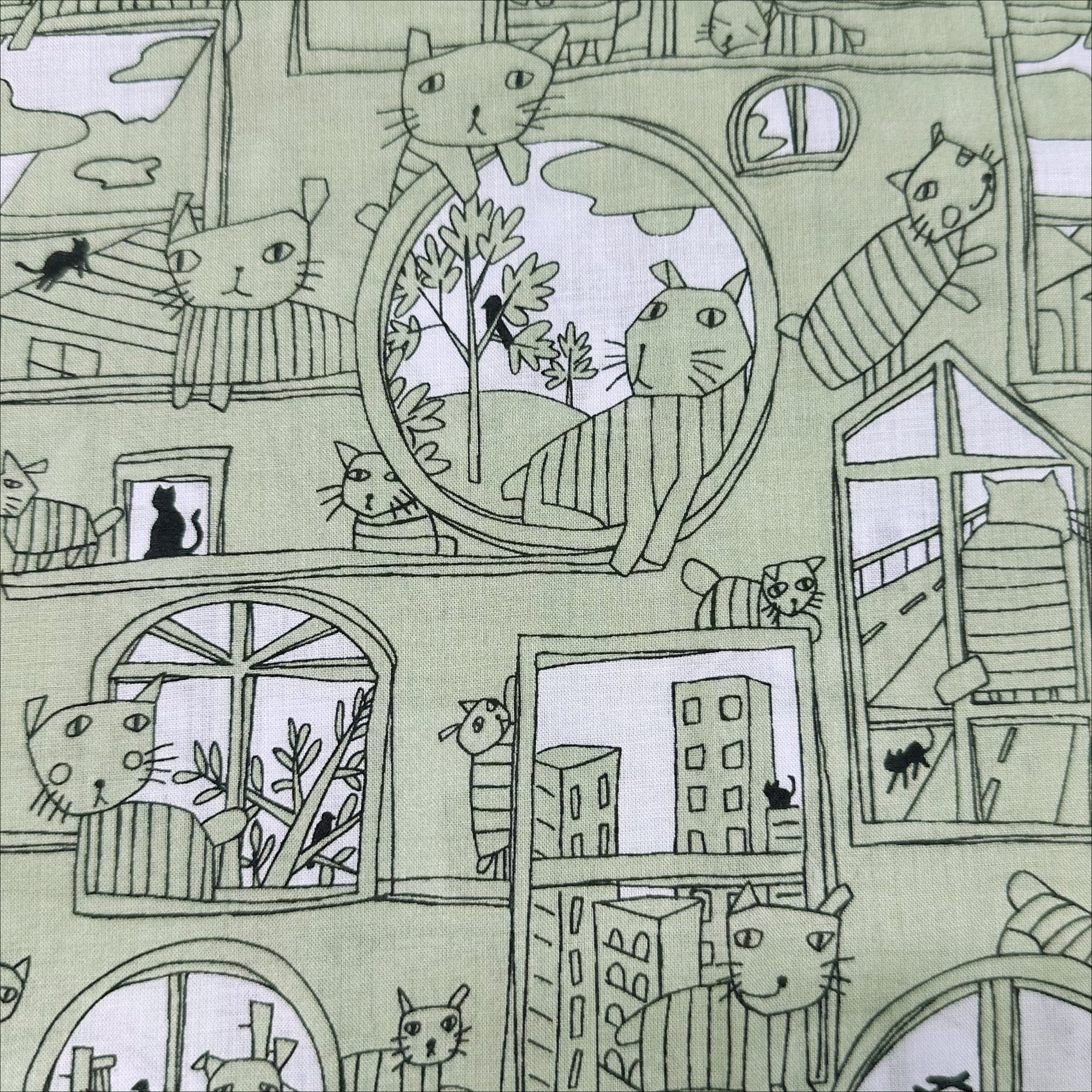 Cats in Windows Cotton Lawn Fabric by Hokkoh, Green, Imported from Japan