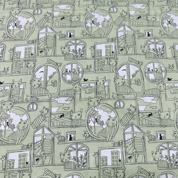 Cats in Windows Cotton Lawn Fabric by Hokkoh, Green, Imported from Japan