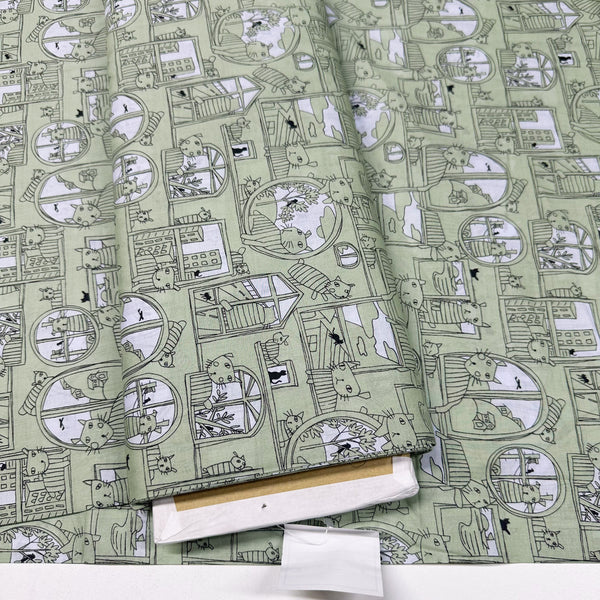 Cats in Windows Cotton Lawn Fabric by Hokkoh, Green, Imported from Japan