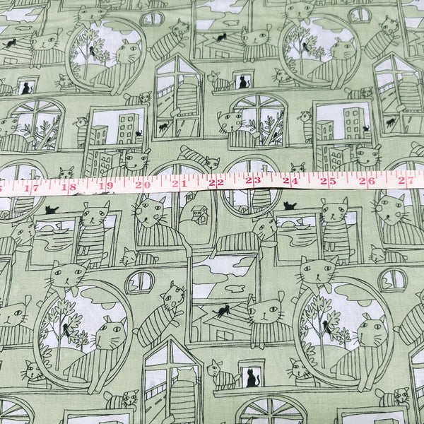 Cats in Windows Cotton Lawn Fabric by Hokkoh, Green, Imported from Japan