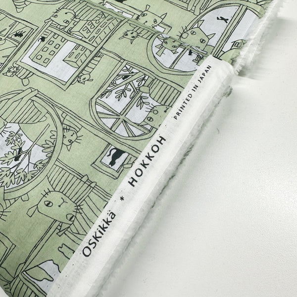 Cats in Windows Cotton Lawn Fabric by Hokkoh, Green, Imported from Japan