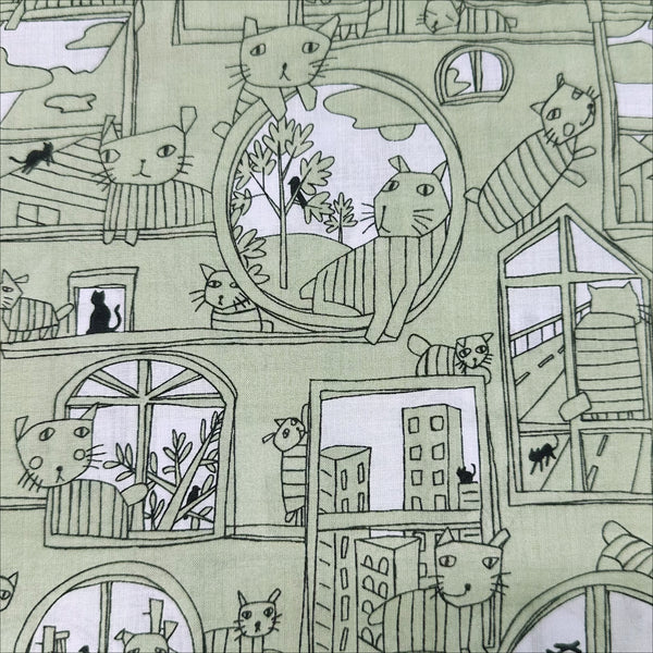 Cats in Windows Cotton Lawn Fabric by Hokkoh, Green, Imported from Japan