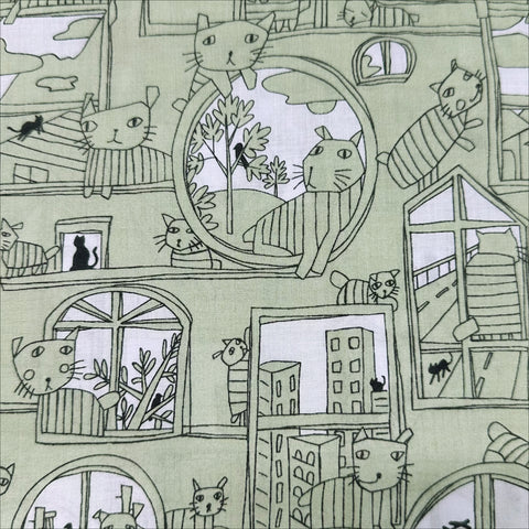 Cats in Windows Cotton Lawn Fabric by Hokkoh, Green, Imported from Japan