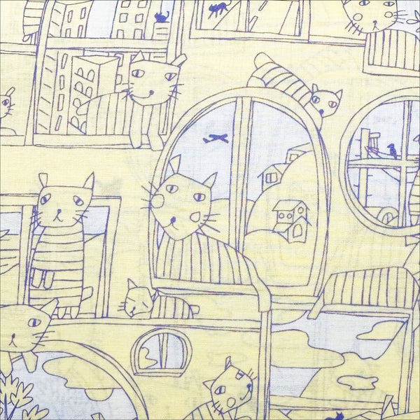 Cats in Windows Cotton Lawn Fabric by Hokkoh, Pale Banana Yellow, Imported from Japan
