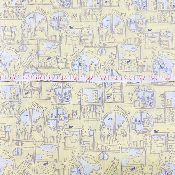Cats in Windows Cotton Lawn Fabric by Hokkoh, Pale Banana Yellow, Imported from Japan