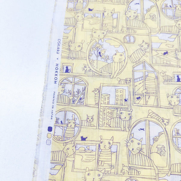Cats in Windows Cotton Lawn Fabric by Hokkoh, Pale Banana Yellow, Imported from Japan