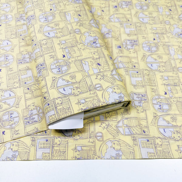 Cats in Windows Cotton Lawn Fabric by Hokkoh, Pale Banana Yellow, Imported from Japan