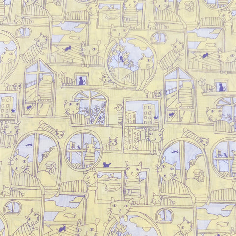 Cats in Windows Cotton Lawn Fabric by Hokkoh, Pale Banana Yellow, Imported from Japan