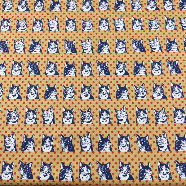 Cats on Polka Dots - Ochre by UN/NO Cotton Fabric, Pop World Comso Textile Japan