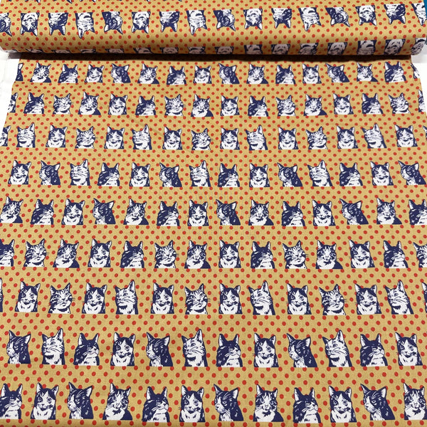 Cats on Polka Dots - Ochre by UN/NO Cotton Fabric, Pop World Comso Textile Japan
