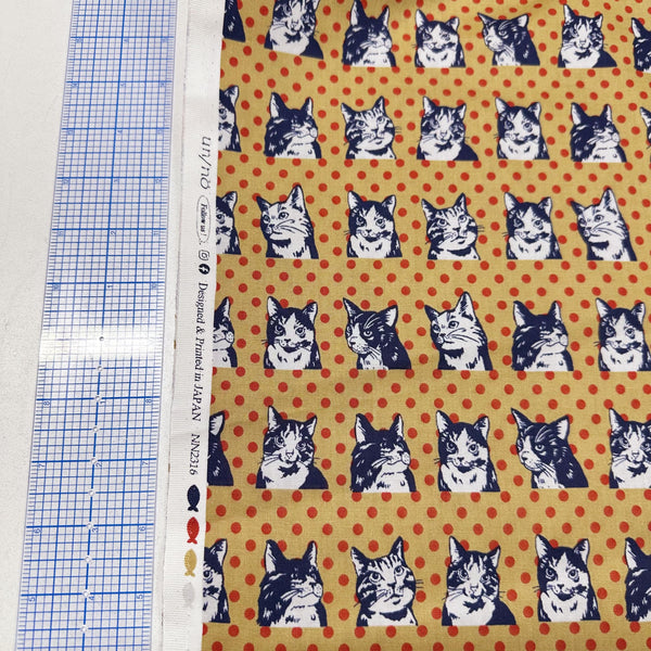 Cats on Polka Dots - Ochre by UN/NO Cotton Fabric, Pop World Comso Textile Japan