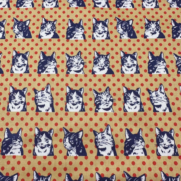 Cats on Polka Dots - Ochre by UN/NO Cotton Fabric, Pop World Comso Textile Japan