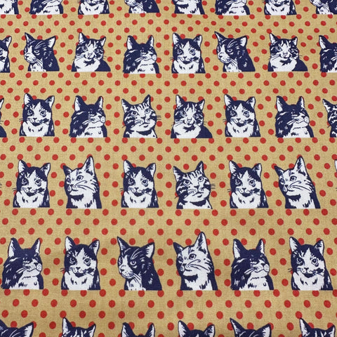 Cats on Polka Dots - Ochre by UN/NO Cotton Fabric, Pop World Comso Textile Japan