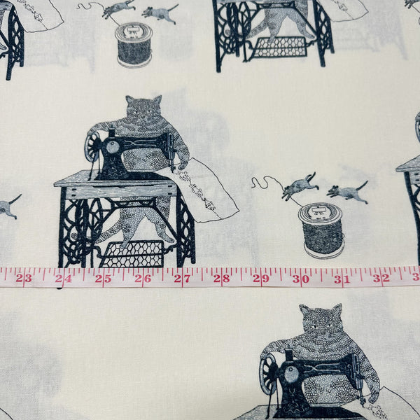 Cats on Treadle Sewing Machines by Naoya Hata Cotton Linen Fabric, Koizumi Imported from Japan, Ivory