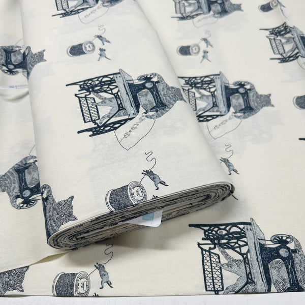 Cats on Treadle Sewing Machines by Naoya Hata Cotton Linen Fabric, Koizumi Imported from Japan, Ivory