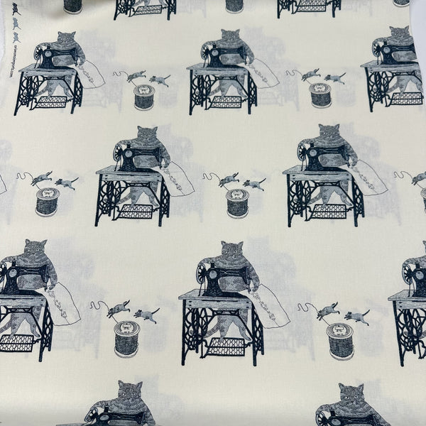 Cats on Treadle Sewing Machines by Naoya Hata Cotton Linen Fabric, Koizumi Imported from Japan, Ivory