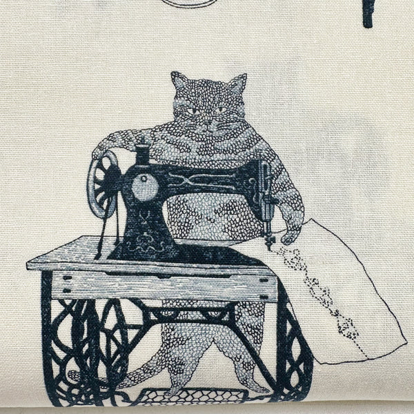 Cats on Treadle Sewing Machines by Naoya Hata Cotton Linen Fabric, Koizumi Imported from Japan, Ivory